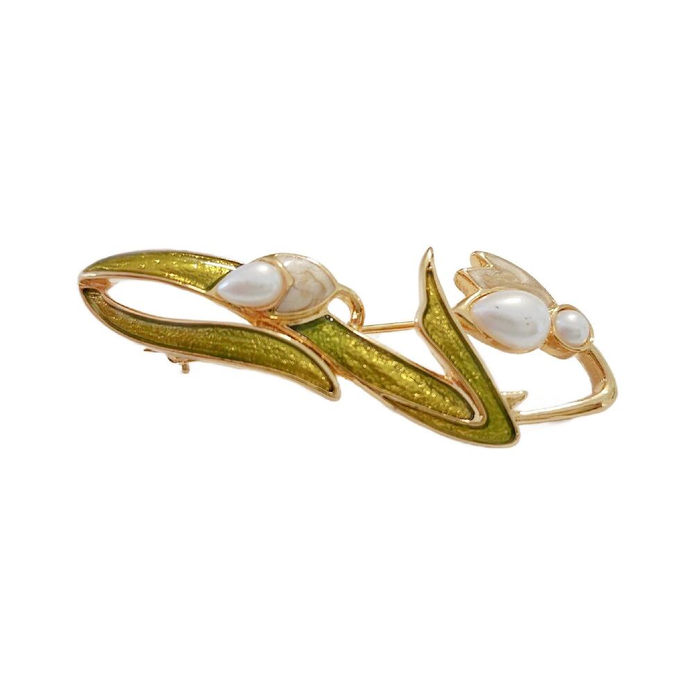 Vintage Art Nouveau Gold Tone Enamel Brooch accented with Faux Pearls